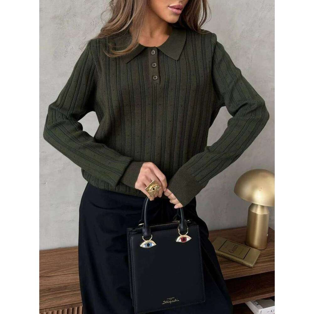 Blubelle Women's Autumn New Jacquard Sweater Loose Versatile Polo Shirt Collar Long Sleeve Knitted Top 26W0224