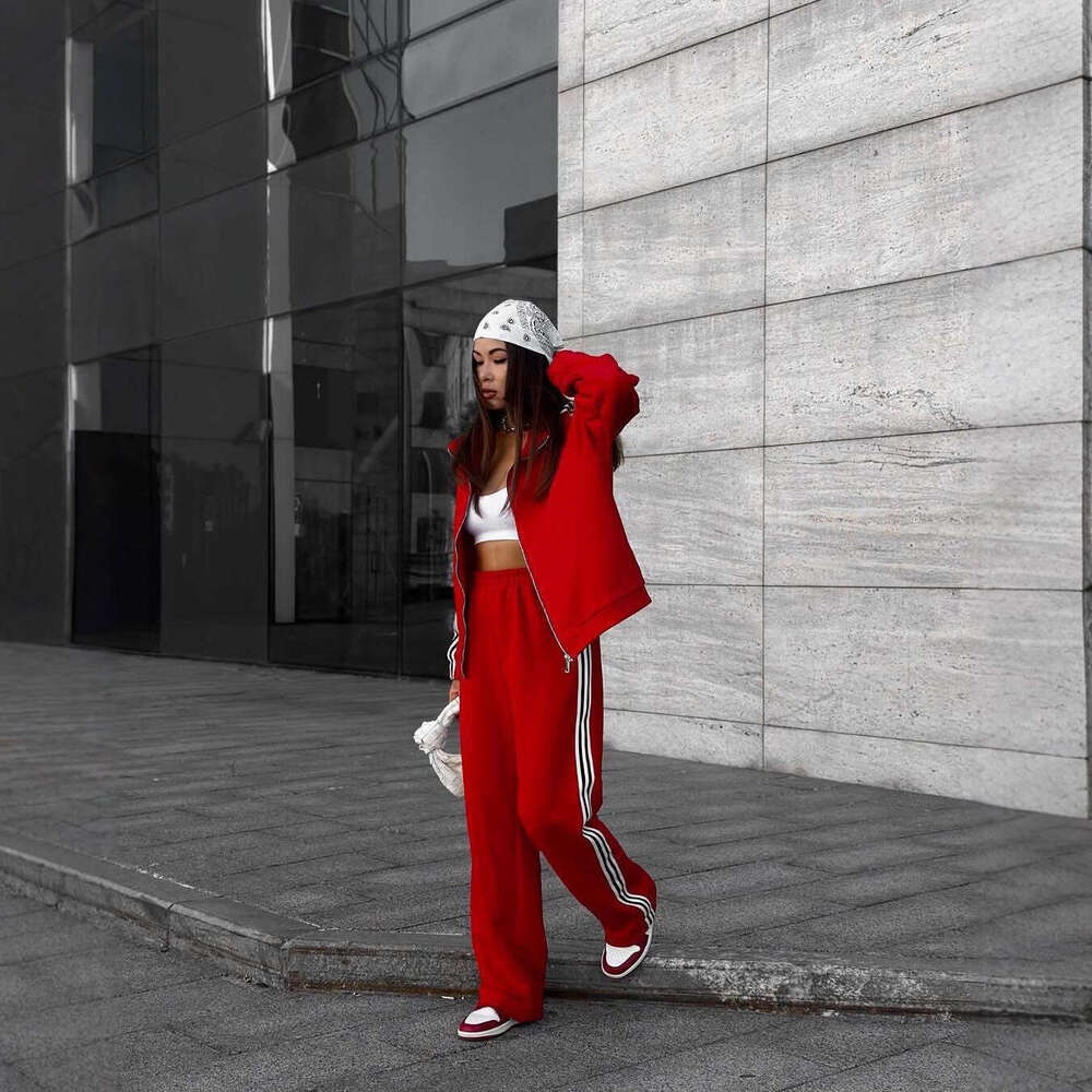 Women's s sweater suit striped jacket two-piece loose autumn and winter, Casual Wear, Elegant Style, High Neckline, Machine Wash red green black 