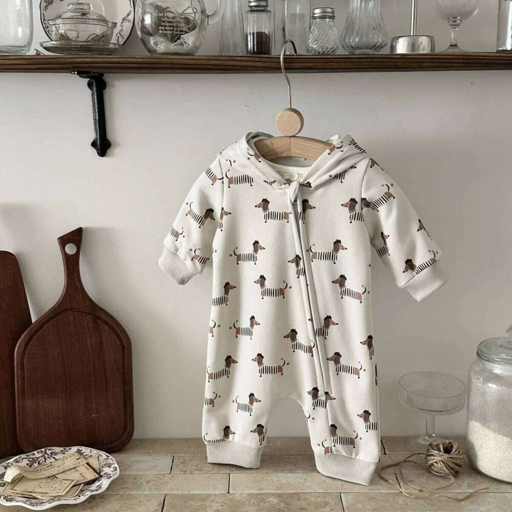 Autumn New Cute and Comfortable Baby Sausage Dog Print Hooded Pants Crawling Unisex Boys Girls Clothes Newborn Items 26Y0224
