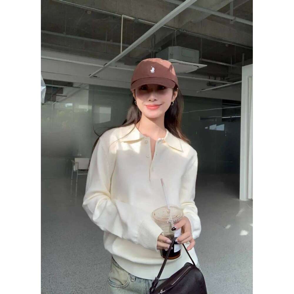 Korean Youthful Embroidered Polo Collar Knit Top Women Lazy Style Versatile Loose Fit Lapel Long Sleeve Casual Pullover 26W0224
