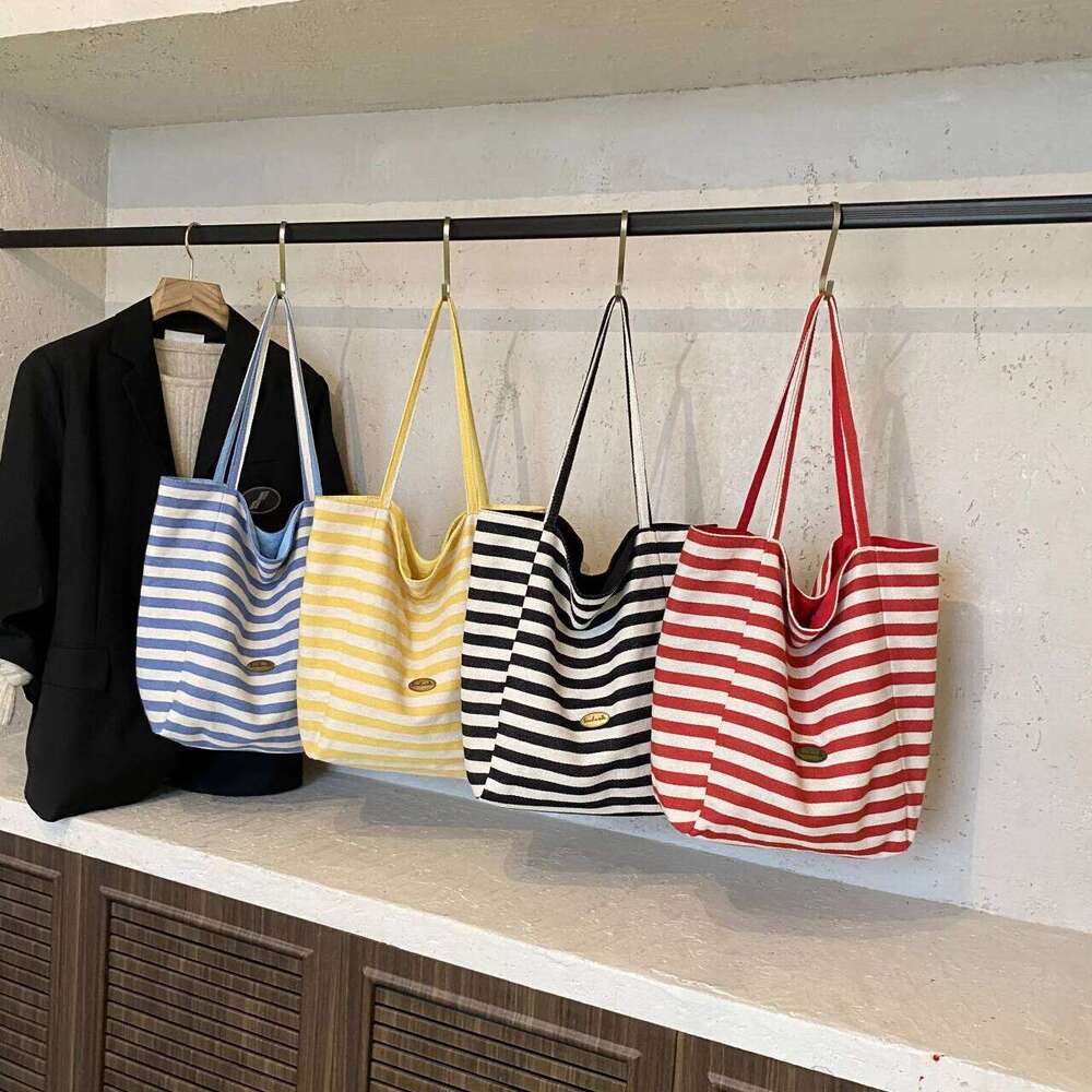 Double stripe canvas - Large capacity, relaxed style tote bag women, suitable for students and casual commuting, single Z260224