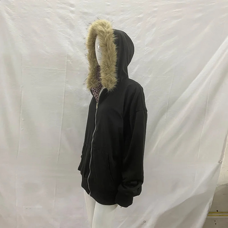 Fashion Simple Black Double-Sided Oversized Zipper Hoodie Womens Y2K Harajuku Gothic Casual Joker Couple Street Wear 2026 260124