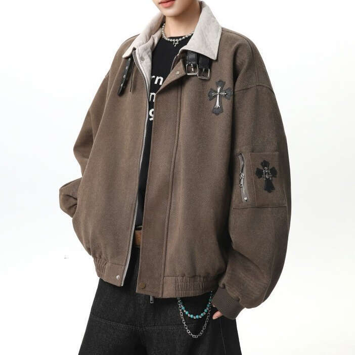 American-Style Cross-Stitch Embroidered Lapel Jacket For Men, Spring High-Street Loose-Fit Design Coat, Trendy Brand, Stylish Short Top