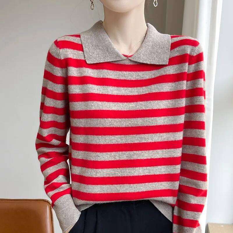 Autumn Winter Woman 100% Merino Wool Sweater POLO Collar Pullover Colorful Stripes Knitwear Bottoming Clothing Long Sleeve Tops 26W0224