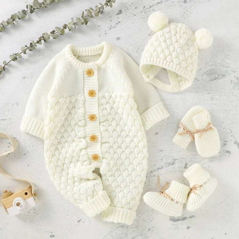 Winter Newborn Baby Rompers Long Sleeve Knit Infant Boys Girls Solid Jumpsuits Playsuits Hats Outfits Sets Toddler Clothes 0-18m 26H0224