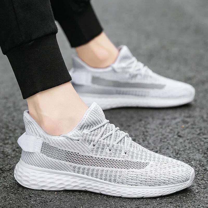 Casual Knitted Mesh Breathable Comfortable Lace Up Cushioned Thick Soled Trend Lightweight Men's Running Shoes
