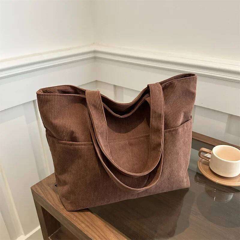 Simple Large Capacity Tote Women Shoulder Bag Retro Corduroy Ladies Shopping Commuter Underarm Bags Female Multi-pocket Handbags Z260224