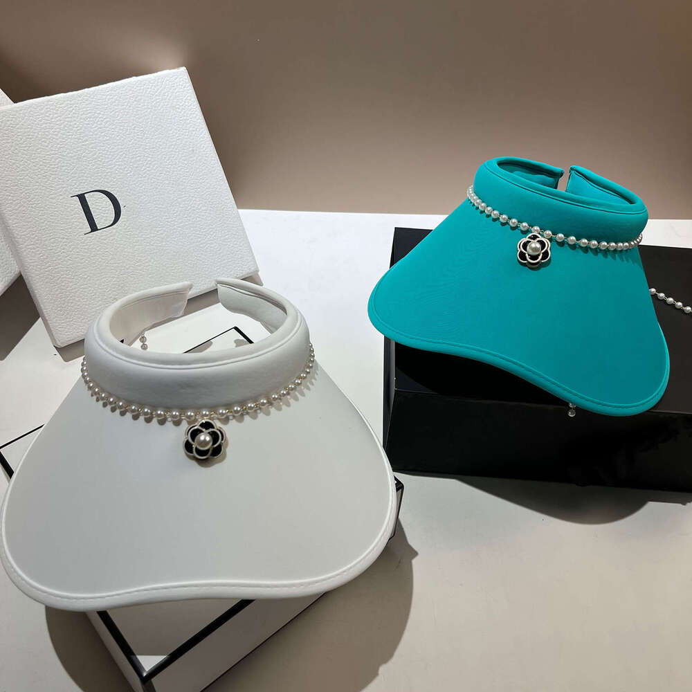 Solid-color pearl open-brim hat Tea flower decoration Suitable for shopping and garden parties