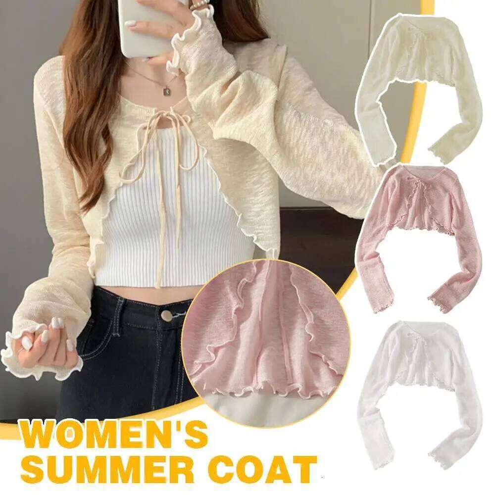 Thin Sunscreen Cardigan Lace-up Knitwear Tops Summer Women Korean Style Lantern Sleeve Short Coat Casual Sun Protected 26L0224