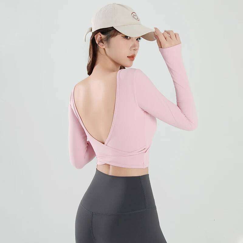 Sexy Short less Fixed Chest Pad Sports T-shirt Women's Tight Long Sleeves Quick Drying Slimming Yoga Suit Top Gym Clothing 26Y0224