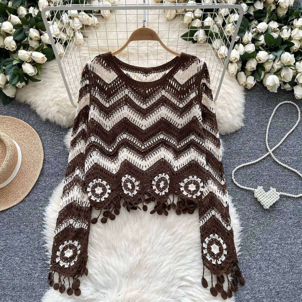 Zig Zag Crochet Sweater Tassel Details Long Sleeve Open-stitch Knit Top Pullover for Women Teen-girl Boho Vacation Outfit 26L0224