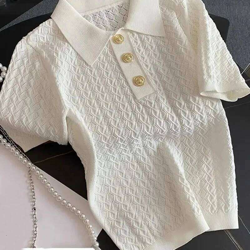 Ice Silk Polo Shirt Knitted Short Sleeve T-Shirt Summer Chic Thin Unique Jacquard Women Tops 2026 Korean Style Womens Clothing 26W0224