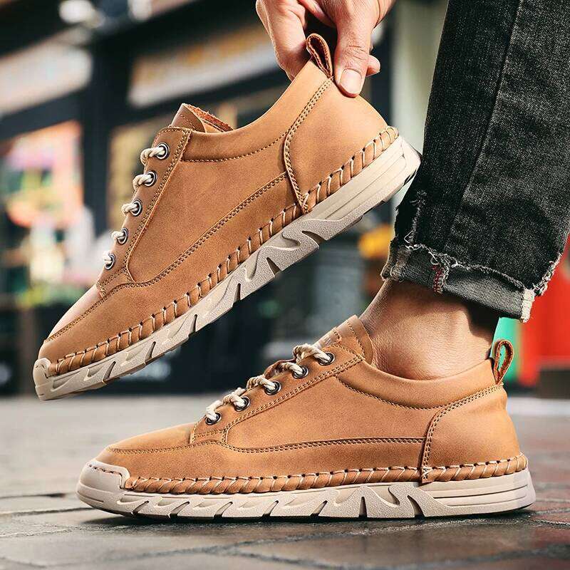 2025 New Men's Casual Shoes Hand-Stitched Leather Lace-Up Non-Slip Thick Sole Comfortable Outdoor Trendy Fashion Male Footwear