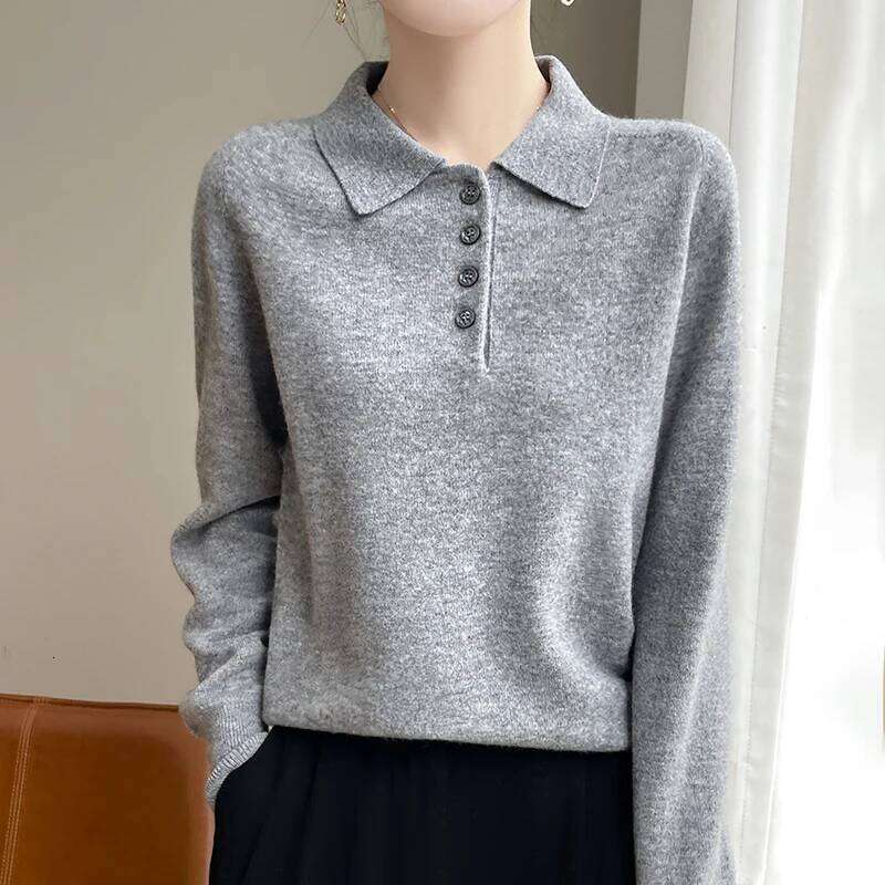 Polo Neck Pullover 100% Merino Wool Solid Color Knit Top Fashion Korean Sweater Autumn and Winter Women's Clothes 26W0224