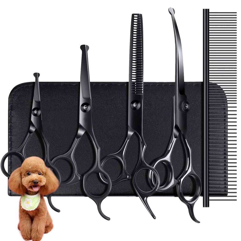 Stainless Steel Pet Grooming Scissors Set Right Hand Users - 4 Piece Kit With Safety Round Tips For Dogs And Cats Bamubi