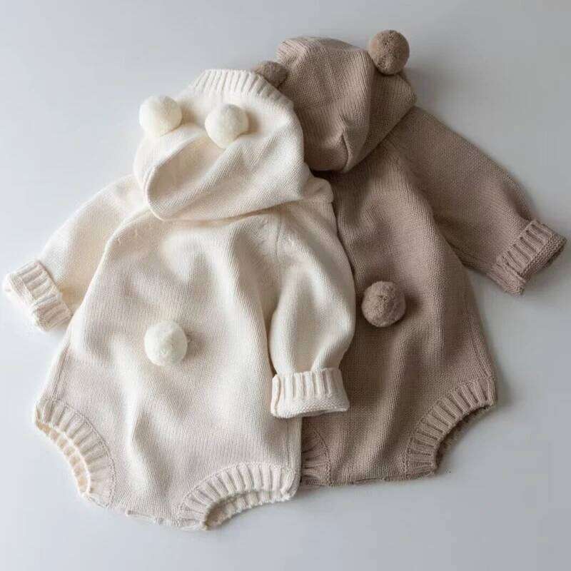 Winter 0-3 months clothes knitted teddy bear long sleeved newborn triangle for warm men and women baby jumpsuit 26H0224