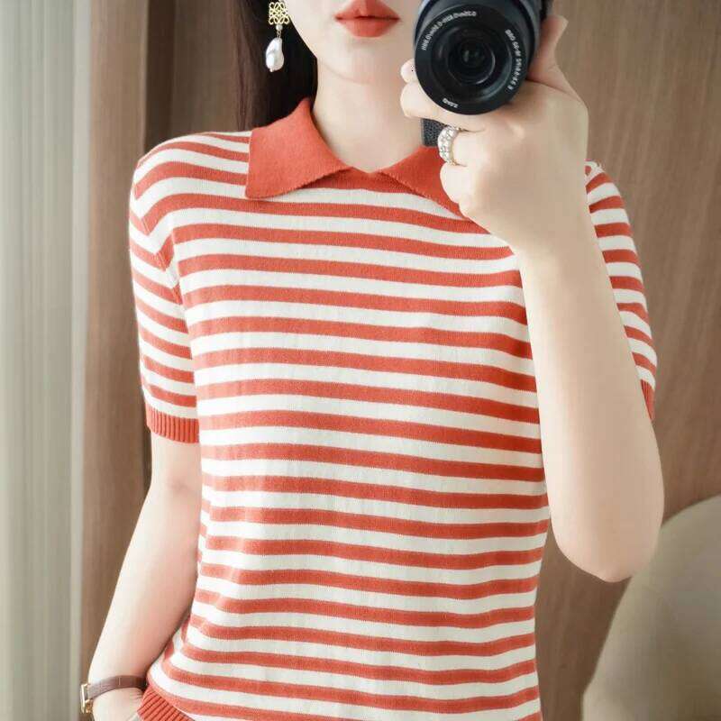 Summer 100% Cotton T-shirt Women's Knitted Short Sleeve Casual Stripe POLO Collar Tees Loose Blouse Basic Versatile Tops Jumper 26W0224