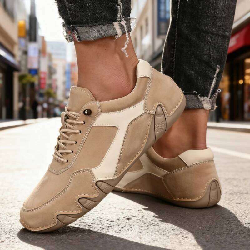 Men Casual Handmade Leather Lightweight Sneakers Comfortable Non-slip Rubber Sole Breathable Daily Walking Shoes 2026 New