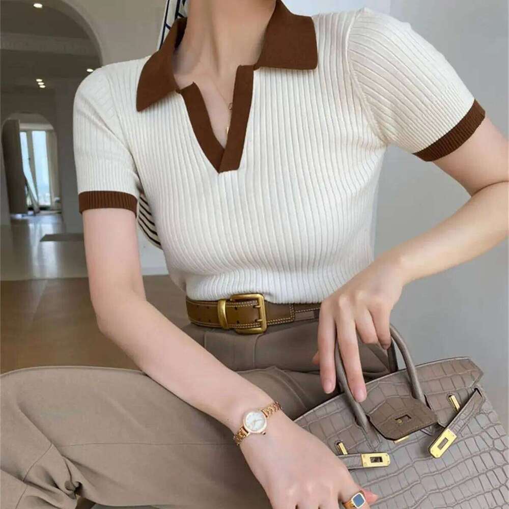 Women V Neck Knitted Tops Summer Autumn Elegant Short Sleeve Pullover Polo Shirts Slim Casual Clothes Office Lady Street Vintage 26W0224