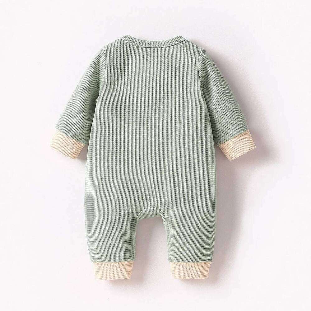 Baby Newborn Boys Spring/Autumn Long Sleeve With Button Green Solid Waffle Casual Jumpsuit 26H0224