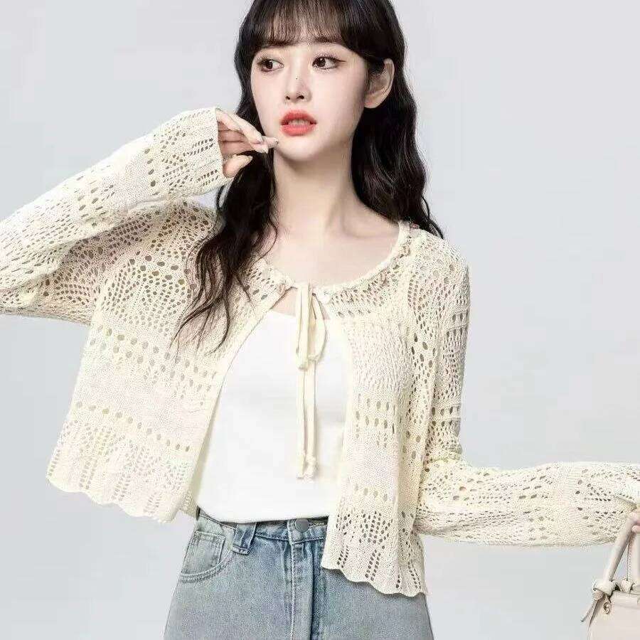 Women's Summer Lace Knit Cardigan Long Sleeve V-neck Openwork Crochet Tie Front Sun Protective Shawl Versatile Cover-Up for Fall 26L0224