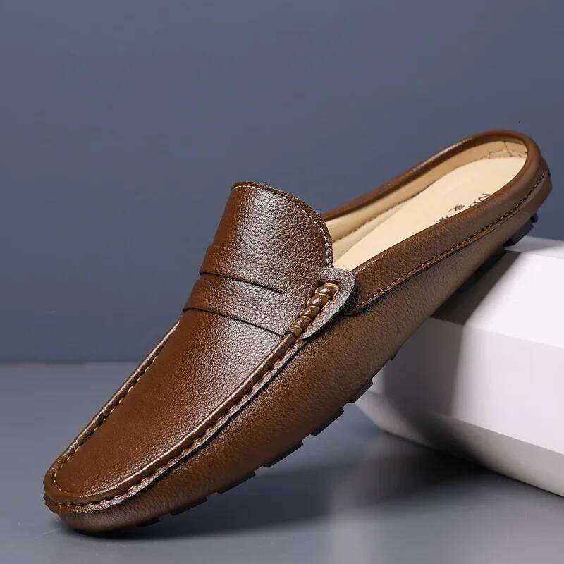 Summer Slip-on Soft Leather Slippers High Quality Flats Male Walking Casual Loafers Half Shoes for Men Lazy Shoe