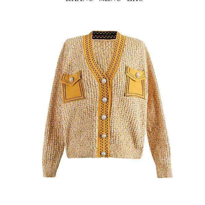 Xiaoxiangfeng Contrasting Color Knitted Cardigan Women's Spring and Autumn V-neck Top Pearl Button Sweater Jacket 26L0224
