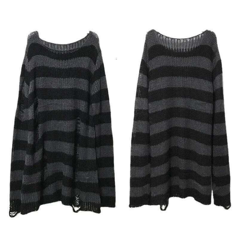 New Streetwear Top Punk Gothic Long Unisex Sweater Summer Women Striped Cool Hollow Out Hole Broken Jumper Loose Rock Thin Dark 26L0224