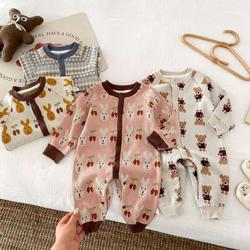 Winter New in Infant Kids Boys Girls Knitted Clothing, Newborn Baby Full Sleeve Print One-pieces - Toddler Romper 26H0224