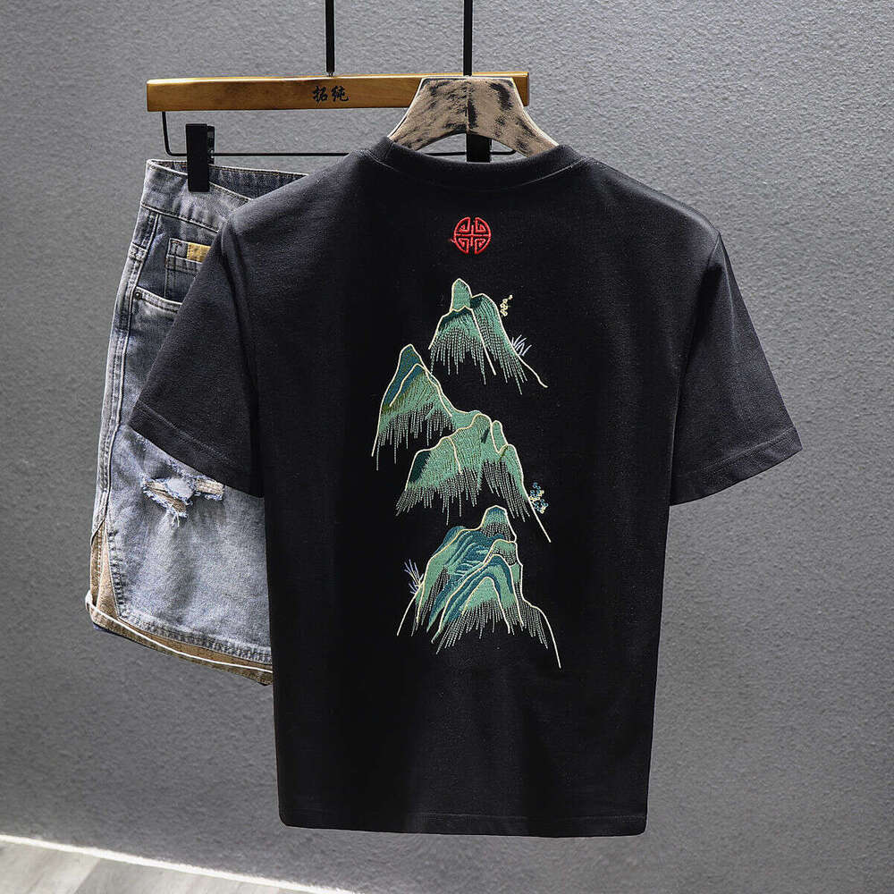 Men's T-shirt New Chinese Style Landscape Embroidered Short-sleeve White Green Landscape Embroidery On Back With Red Pattern On Top Loose Fit