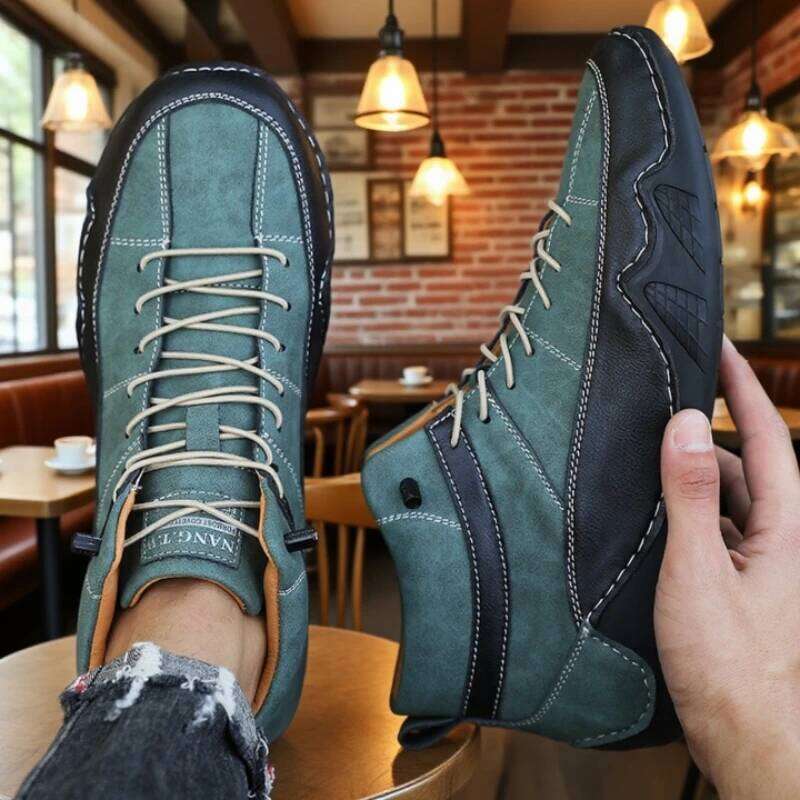 New Men's High Top Retro Classic Design Anti Slip Fashion Flat Bottom Loafers Stitched Sole Handmade Leather Driving Boots