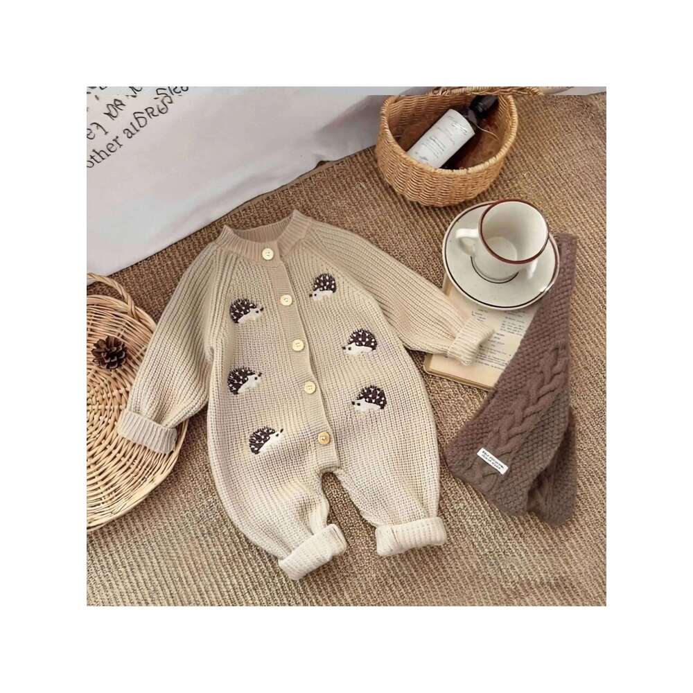 Korean Style Spring and Autumn Clothes Baby Jumpsuit Super Cute Little Hedgehog 100-Day Knitted Crawling Suit for Going Out 26H0224