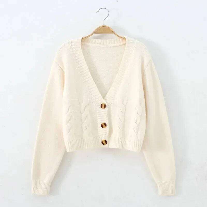 V Neck Cropped Women Long Sleeve Twist Knitted Sweater Coats Autumn Winter Keep Warm Korean Fashion Jacket Cardigan 26L0224