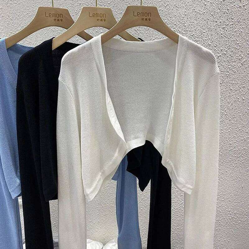 2025 Girls Fashion Solid Knitted Cardigan Women Outside Loose Fit Short Tops Lady Classic Korean Ice Silk Clothes 26L0224