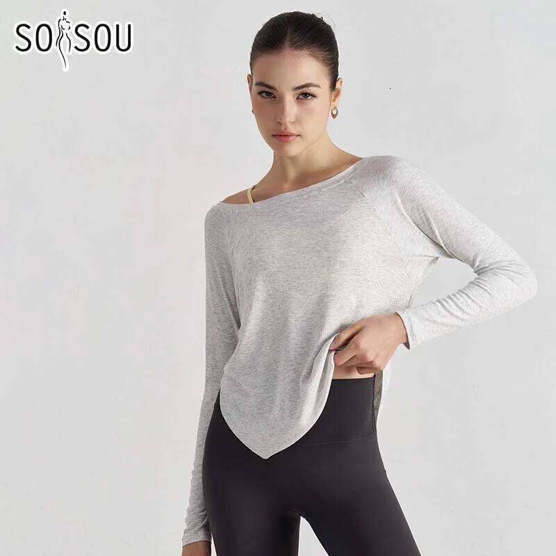 SOISOU Ribbed Round Yoga Top Loose Fit Women's O Neck Pilates Pullover Sports Long Sleeve High Elastic Fitness T Shirt 26Y0224