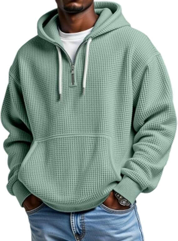 Autumn and winter hooded sweatshirt, versatile trendy pullover 3D printed top, long-sleeved men's waffle zipper sweatshirt