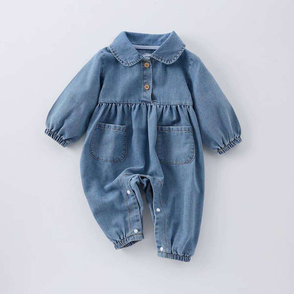 Spring boys and girls baby doll collar jumpsuit pocket casual denim jacket crawl suit 26Y0224