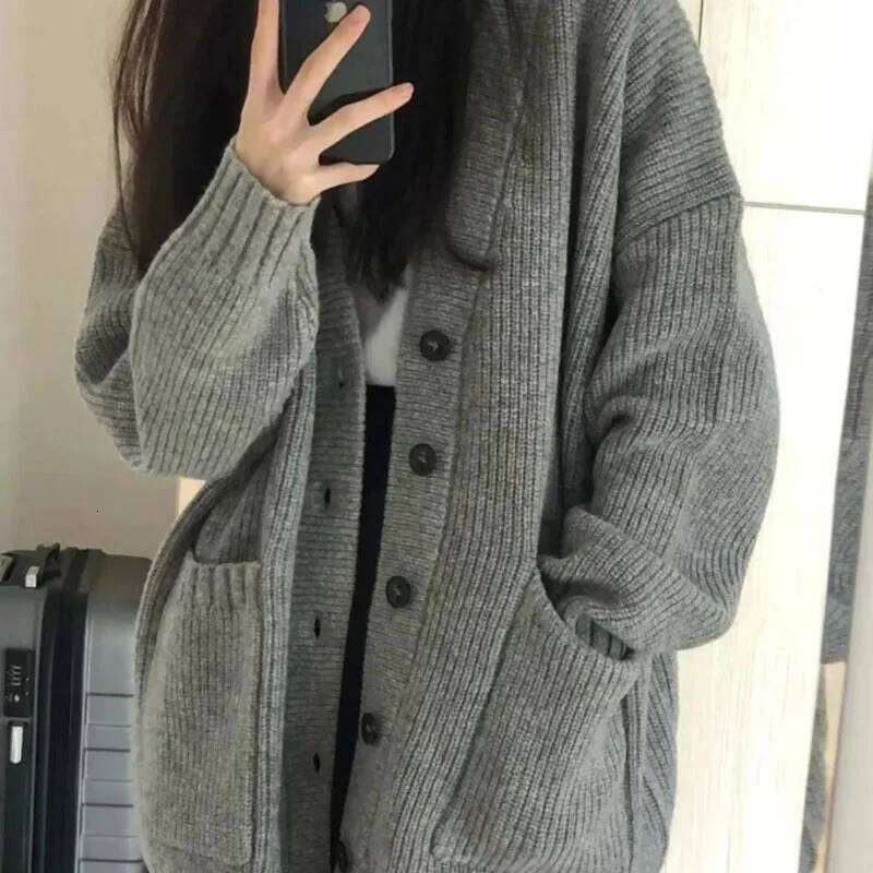 Mardi Hefxessdr Korean Collee Style Sinle Breasted Cardians Loose and Lazy V nec Bi Pocet Knitted Cardian Women s Popular Coat Sweater