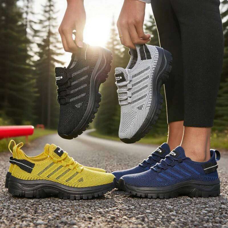 Women's Casual Mesh Breathable Knitted Comfortable Outdoor Flat Walking Trendy Striped Design Couple Jogging Shoes