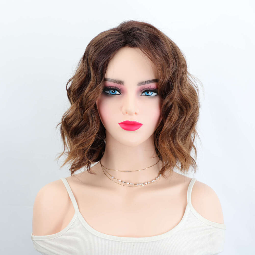 Cross-Border European And American Women's Short Curly Fashion Top Dyed Gradient Gold Side Part Synthetic Hair Wig SHXI