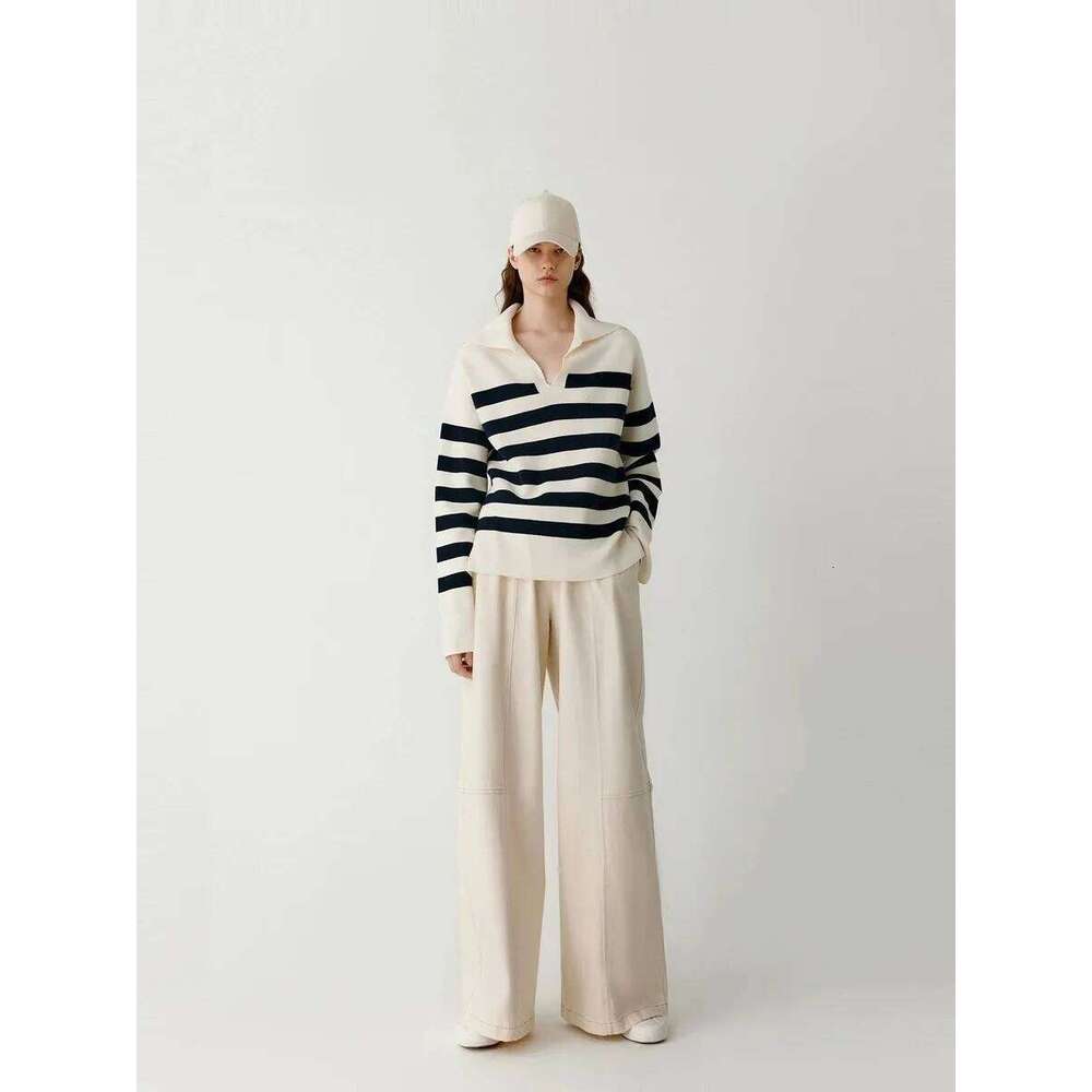 Europe the United States loose navy striped cashmere sweater women's spring autumn POLO collar large size wool base shirt 26W0224