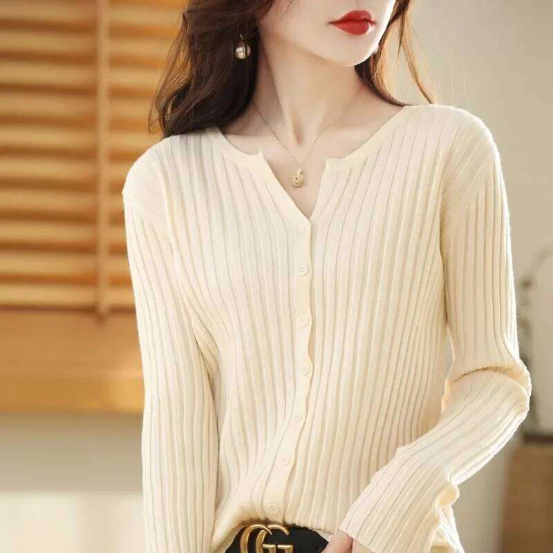 Casual Knitted Long-Sleeved Cardigan Women's Sweater Autumn Winter Solid Color Elastic V-Neck Round Neck Slim-Fit All-Match Coat 26L0224