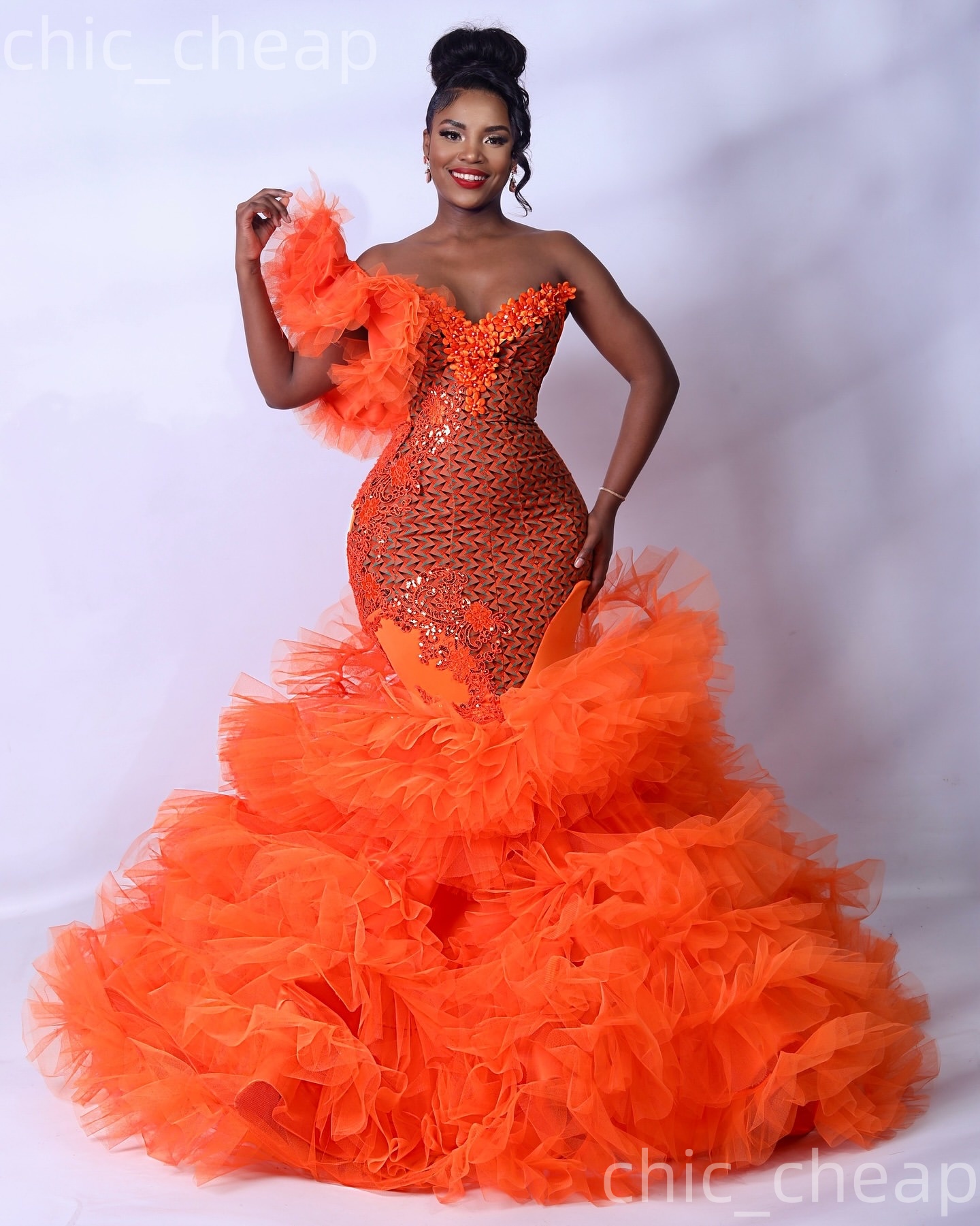 Aso Ebi Orange Mermaid Prom Dresses 2026 One Shoulder Flowers Applique Evening Formal Party Second Birthday Engagement Gowns Dress For Special Occasio