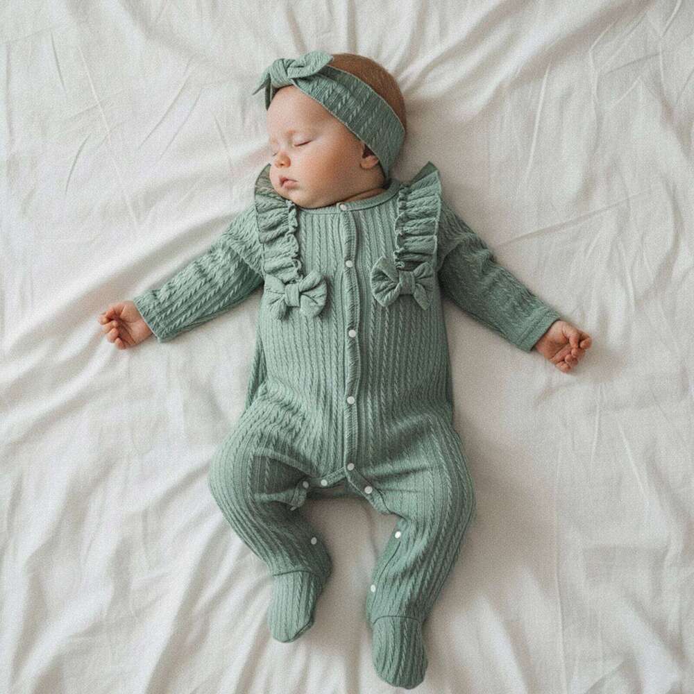 Baby Girl Footed Romper Duck Solid Color Ruffled Long Sleeve Round Neck Jumpsuit with Bow Headband 26H0224