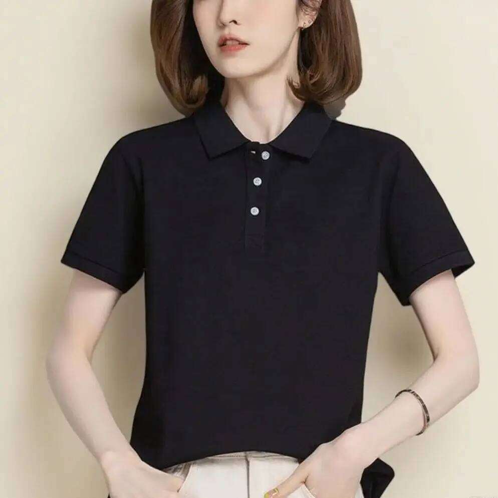 Women's basic solid color short-sleeved POLO shirts summer knitted tops daily casual models can be machine washed and dry cleane 26W0224