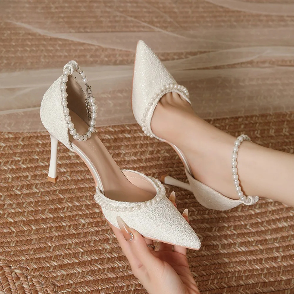 High Heeled Shoes Womens Sandals with A Thin Heel and Pointed Toe Straight Cut Lace Surface White Pearl Bridal Women 260208