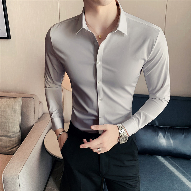 2026 new High-quality Korean-style men's long-sleeve shirts, seamless thickened shirts, slim fit stretch men's warm casual shirts