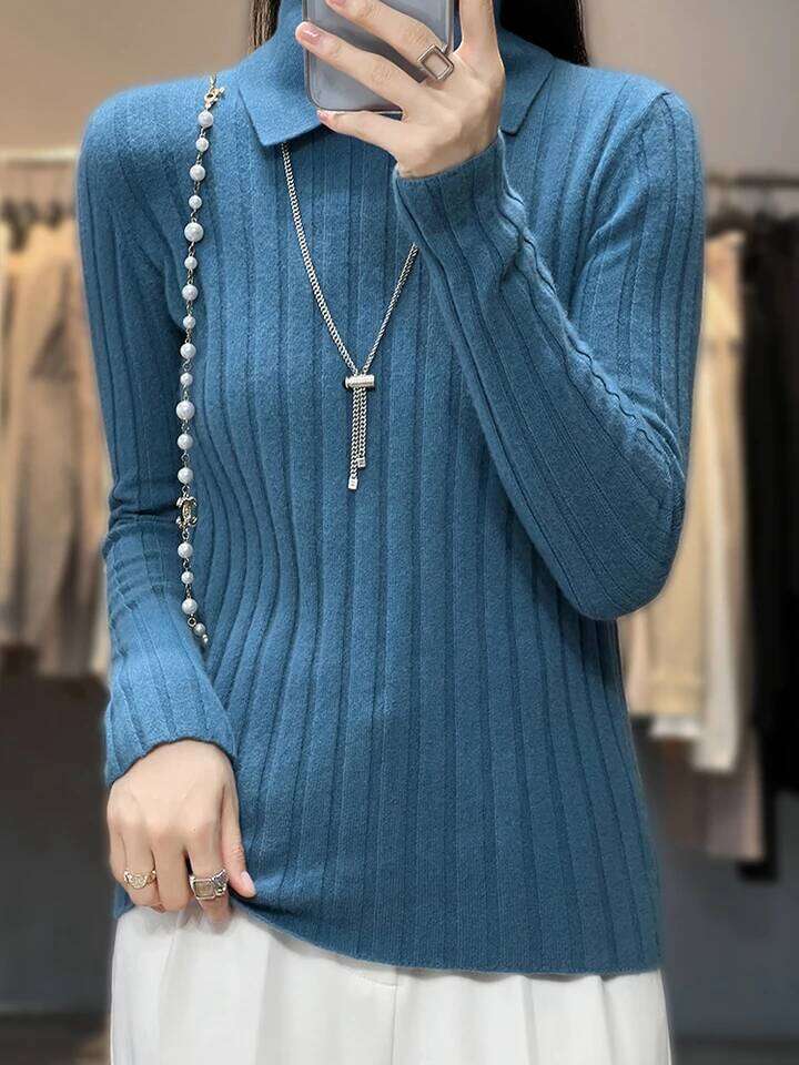 New Polo Collar Women's Knitted Sweater Long Sleeve Slim Fit Pullovers for Women Autumn Winter Sweaters Soft Warm Bottoming Tops 26W0224