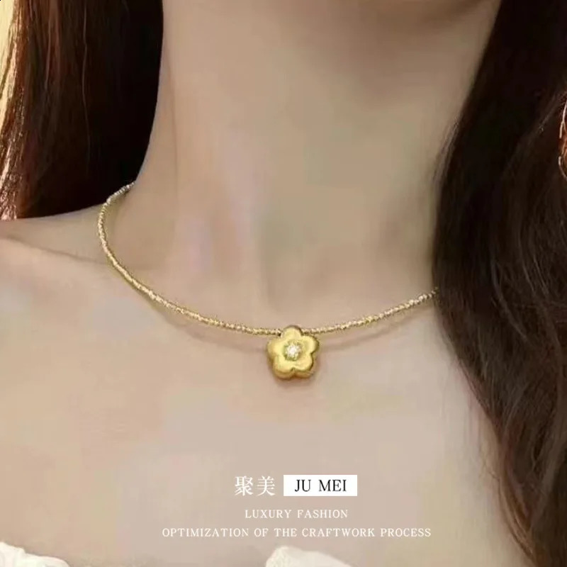 Flower Ring Earring Necklace Set for Women 24K Gold AU999 Minimalist Jewelry with Gradient Pink Enamel Petals 260207