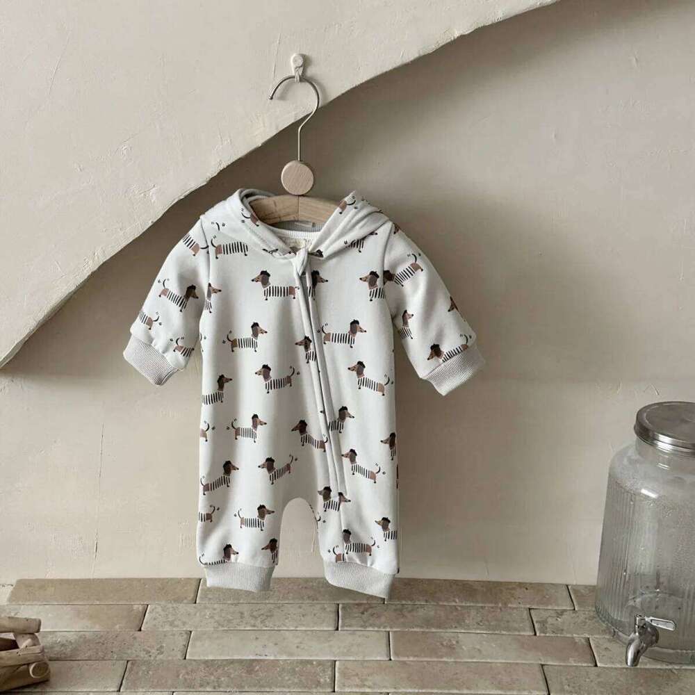 Autumn New Cute and Comfortable Baby Sausage Dog Print Hooded Pants Crawling Unisex Boys Girls Clothes Newborn Items 26Y0224